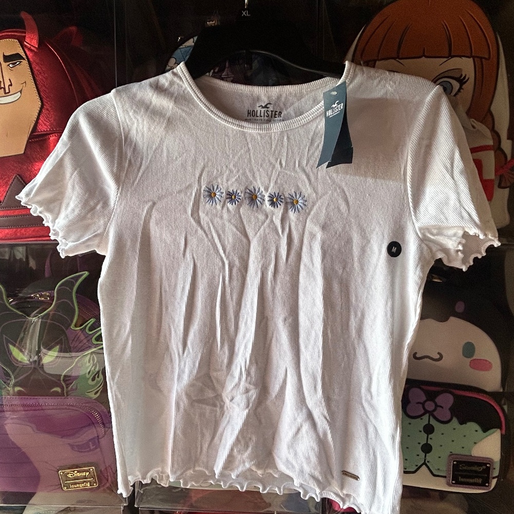 Hollister Ribbed Baby Tee White Blue Flower Medium